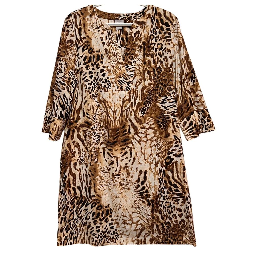 Chico’s Women's Brown White Animal Print V-Neck Quarter Sleeve Dress Size 1 = S